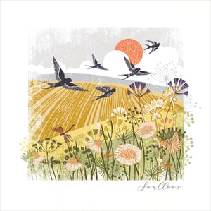 A painting of swallows flying over a field of flowers.