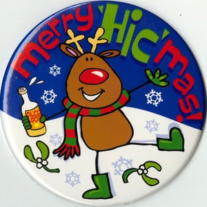 a merry christmas button with a reindeer holding a bottle of alcohol