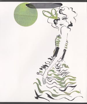 a black and white drawing of a woman in a green dress