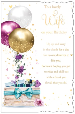 a birthday card for a lovely wife with balloons and presents