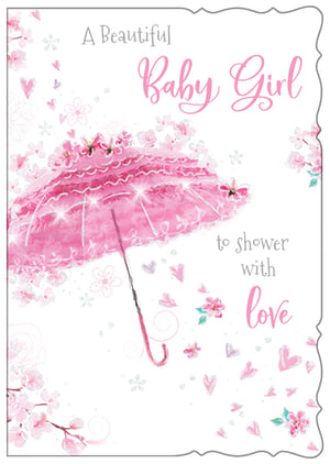 a baby girl shower card with a pink umbrella