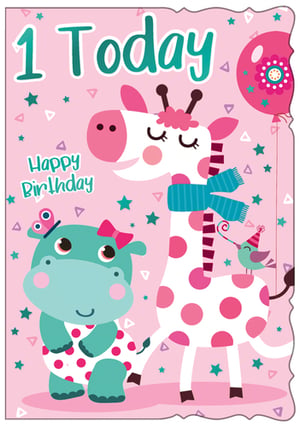 a pink birthday card with a giraffe and a hippo on it