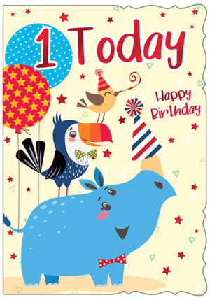 a birthday card for a child 's first birthday with animals and balloons .