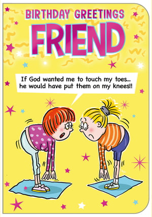 a birthday card for a friend shows two girls doing yoga