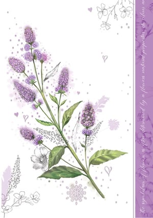 A card with purple flowers and green leaves.