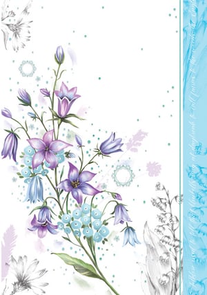 Purple and blue flowers on a blue and white background.