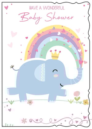 A baby shower card with an elephant and a rainbow.