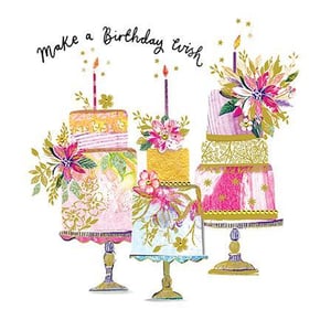 a birthday card with three cakes decorated with flowers and candles .