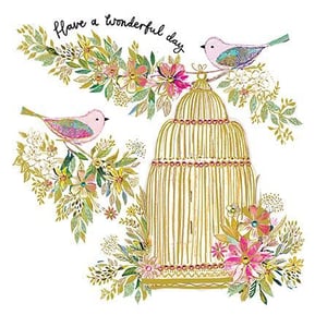 there are two birds sitting on a branch next to a bird cage surrounded by flowers .