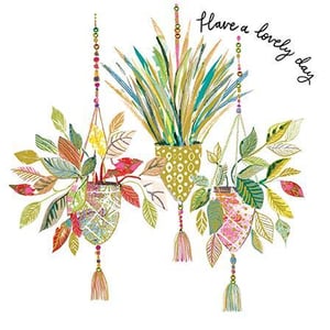 a painting of three hanging potted plants with the words `` have a lovely day '' .