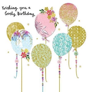 a birthday card with balloons and flowers on it .