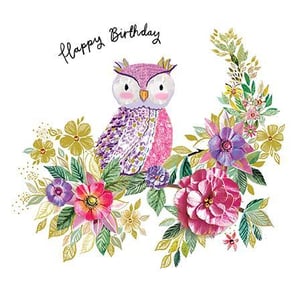 an owl is sitting on a branch surrounded by flowers on a birthday card .