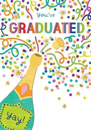 A congratulations card with a bottle of champagne and confetti.
