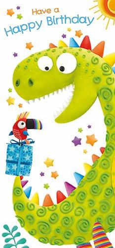 A happy birthday card with a dinosaur and a parrot holding a gift box.