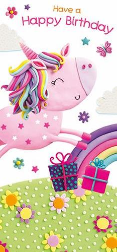 A birthday card with a unicorn and a rainbow on it.