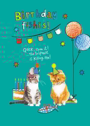 a birthday fishes card with two cats and balloons