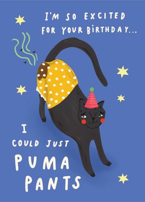 a birthday card with a black cat wearing puma pants