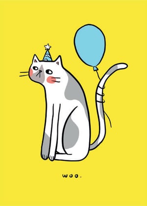 a cat wearing a party hat is holding a blue balloon