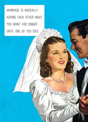 a picture of a bride and groom with a caption that says marriage is basically asking each other what you want for dinner
