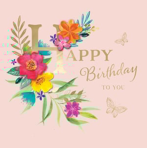 a pink background with flowers and the words happy birthday to you