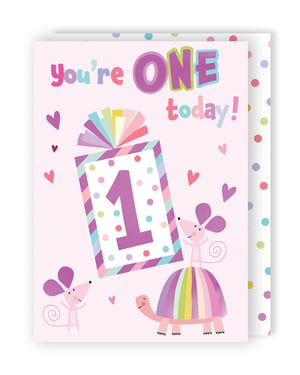 a pink birthday card that says you 're one today