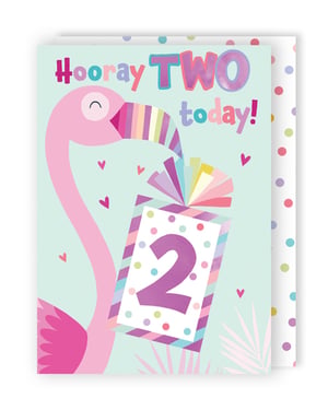a birthday card with a flamingo and the words " hooray two today "
