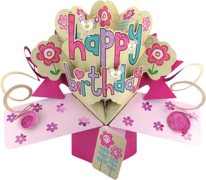 A happy birthday card with flowers and birds on it.