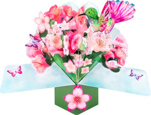 A card with flowers and a hummingbird on it.