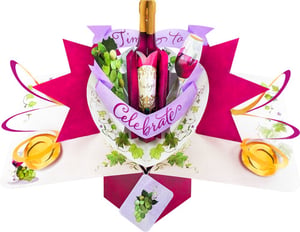 A card that says "Celebrate with a bottle of wine."