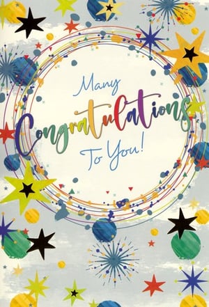 A congratulations card with colorful flags and balloons.