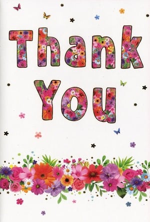 A pink thank you card with flowers and birds.