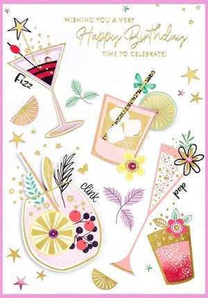 a happy birthday card with drinks and flowers on it .