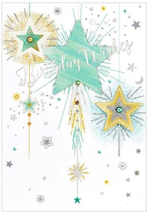 a birthday card with stars and the words " birthday wishes "
