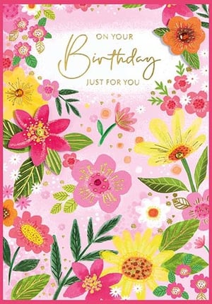 a birthday card with pink and yellow flowers on a pink background .