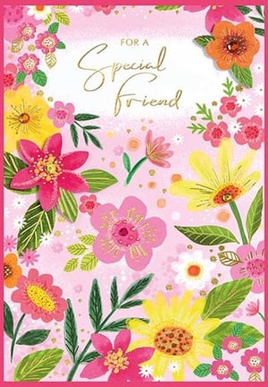 a birthday card for a special friend with flowers and leaves on a pink background .