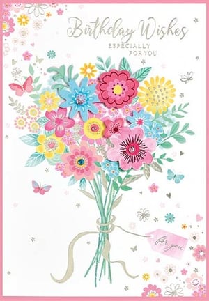 a birthday card with a bouquet of flowers on it .