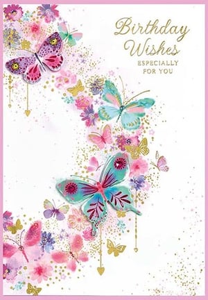 a birthday card with butterflies and flowers on it .