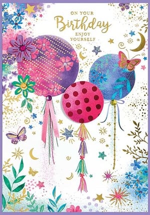 it is a birthday card with balloons and butterflies on it .