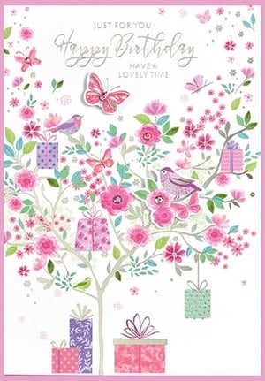 a birthday card with a tree filled with pink flowers and gifts .