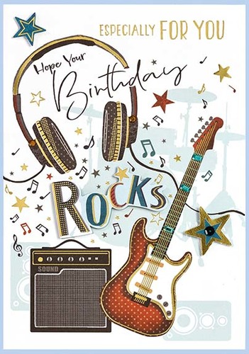 a birthday card with a guitar and headphones on it .