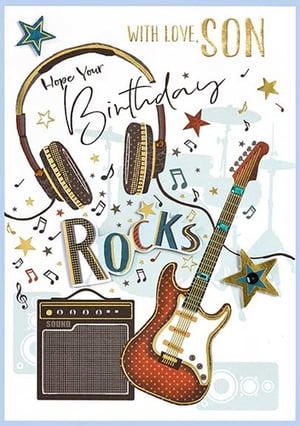 a birthday card for a son with a guitar , headphones , and amplifier .