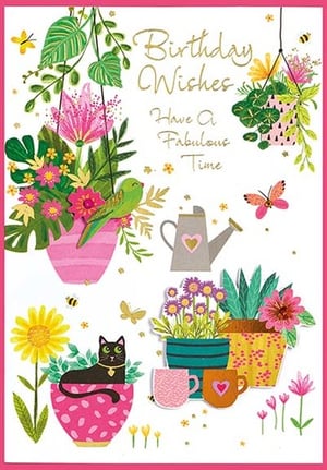 a birthday card with a cat sitting in a pot of flowers .