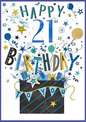 a happy 21st birthday card for a boy with a gift box and balloons coming out of it .