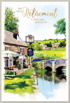 A retirement card with a picture of a house and a river.