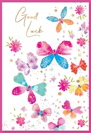 A good luck card with colorful butterflies and flowers.