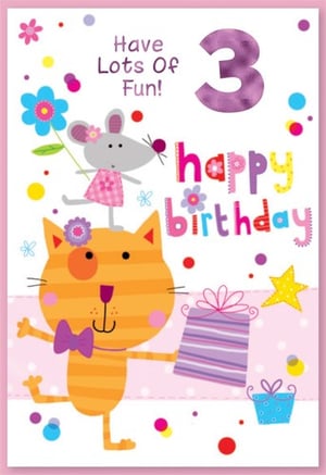 A happy birthday card with a cat and a mouse.