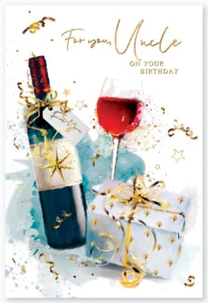 A birthday card for an uncle with a bottle of wine and a glass of wine.