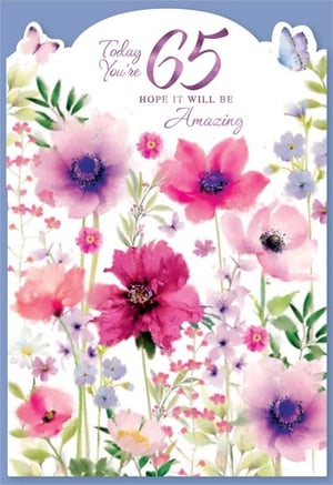 A 65th birthday card with pink and purple flowers.
