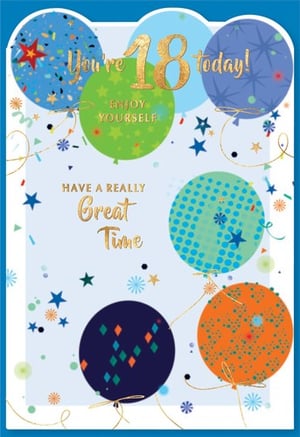 An 18th birthday card for a boy with balloons and stars.