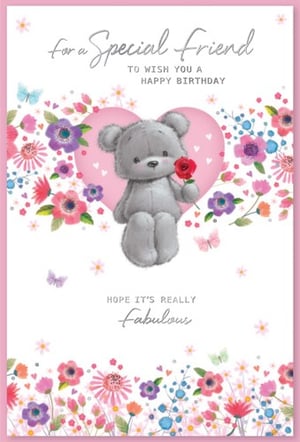 A birthday card for a special friend with a teddy bear holding a rose.